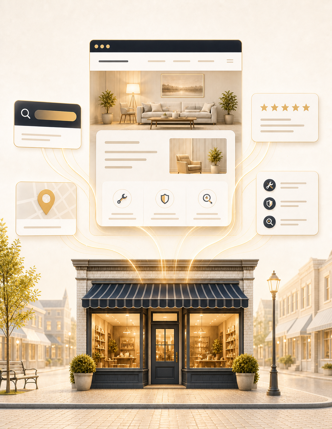 A small storefront with its website, search results, map pin, and customer reviews glowing above it.
